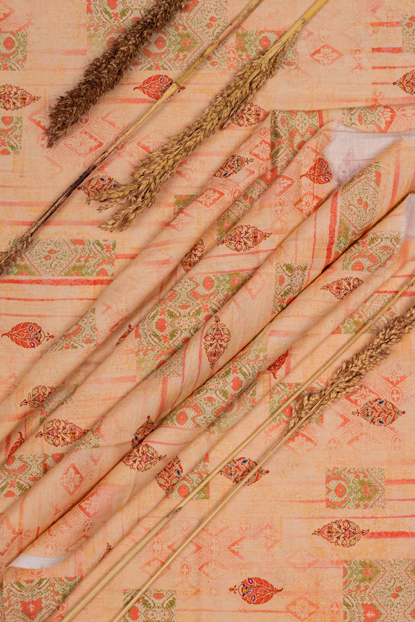 Khadi Cotton Printed Fabric - Georgia Peach - Vastra Raag