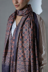 Ajrakh Hand Block Printed - Handloom Pure Tussar Silk Stole - Purple - Vastra Raag