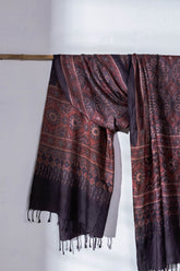 Ajrakh Hand Block Printed - Handloom Pure Tussar Silk Stole - Purple - Vastra Raag