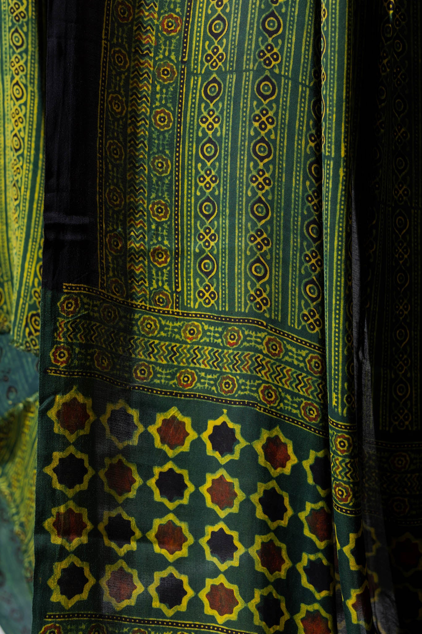 Ajrakh Hand Block Printed Modal Silk 3 PC Suit with Nakshi Dupatta - Green/Yellow - Vastra Raag