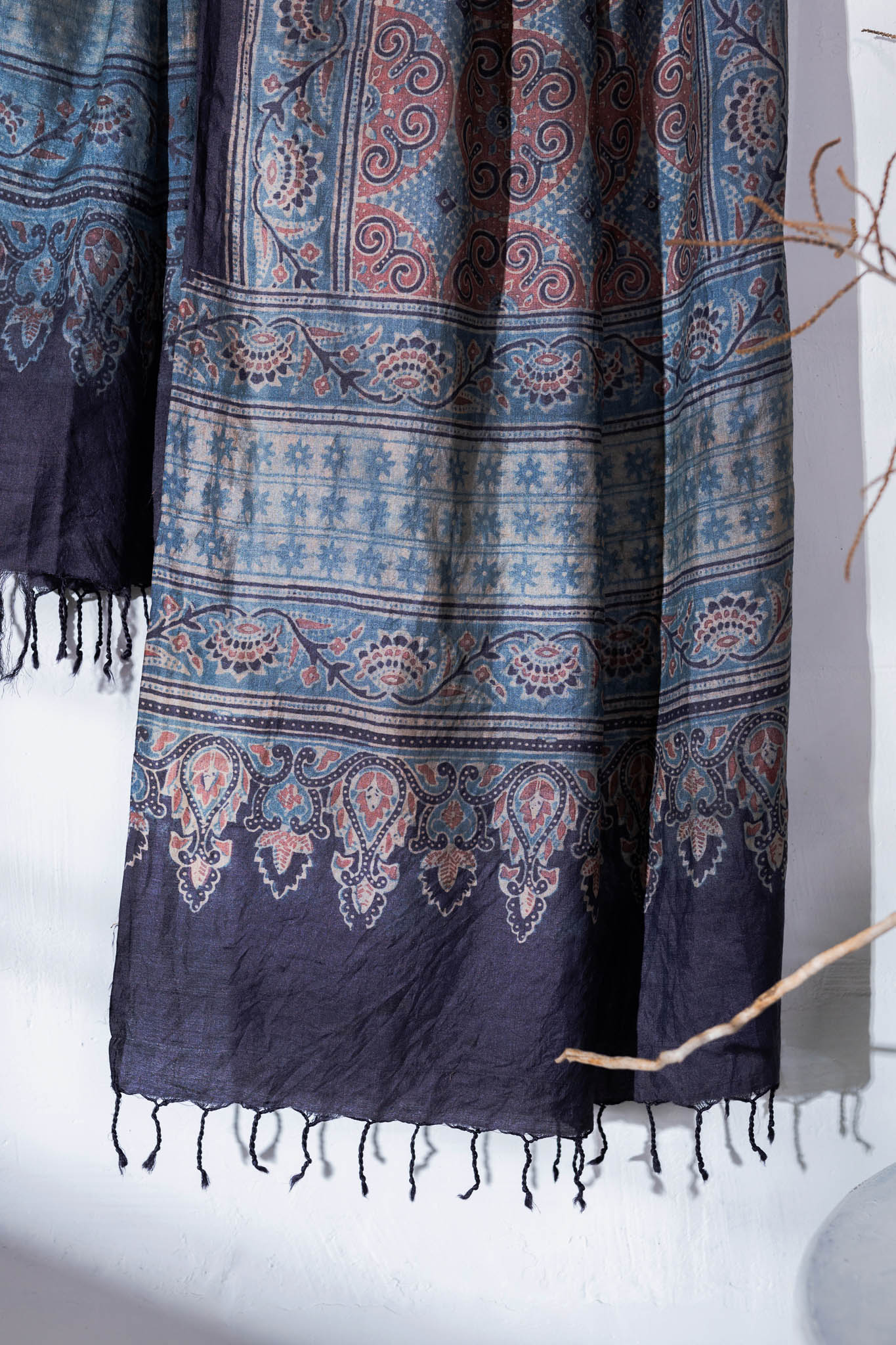 Ajrakh Hand Block Printed - Handloom Pure Tussar Silk Stole - Navy Blue - Vastra Raag