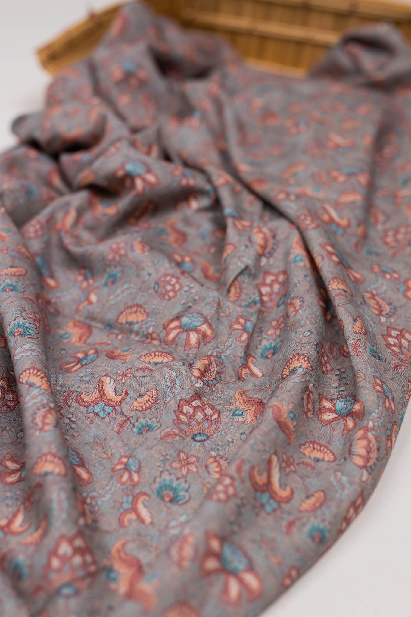 Khadi Cotton Printed Fabric - Floral - Grey - Vastra Raag