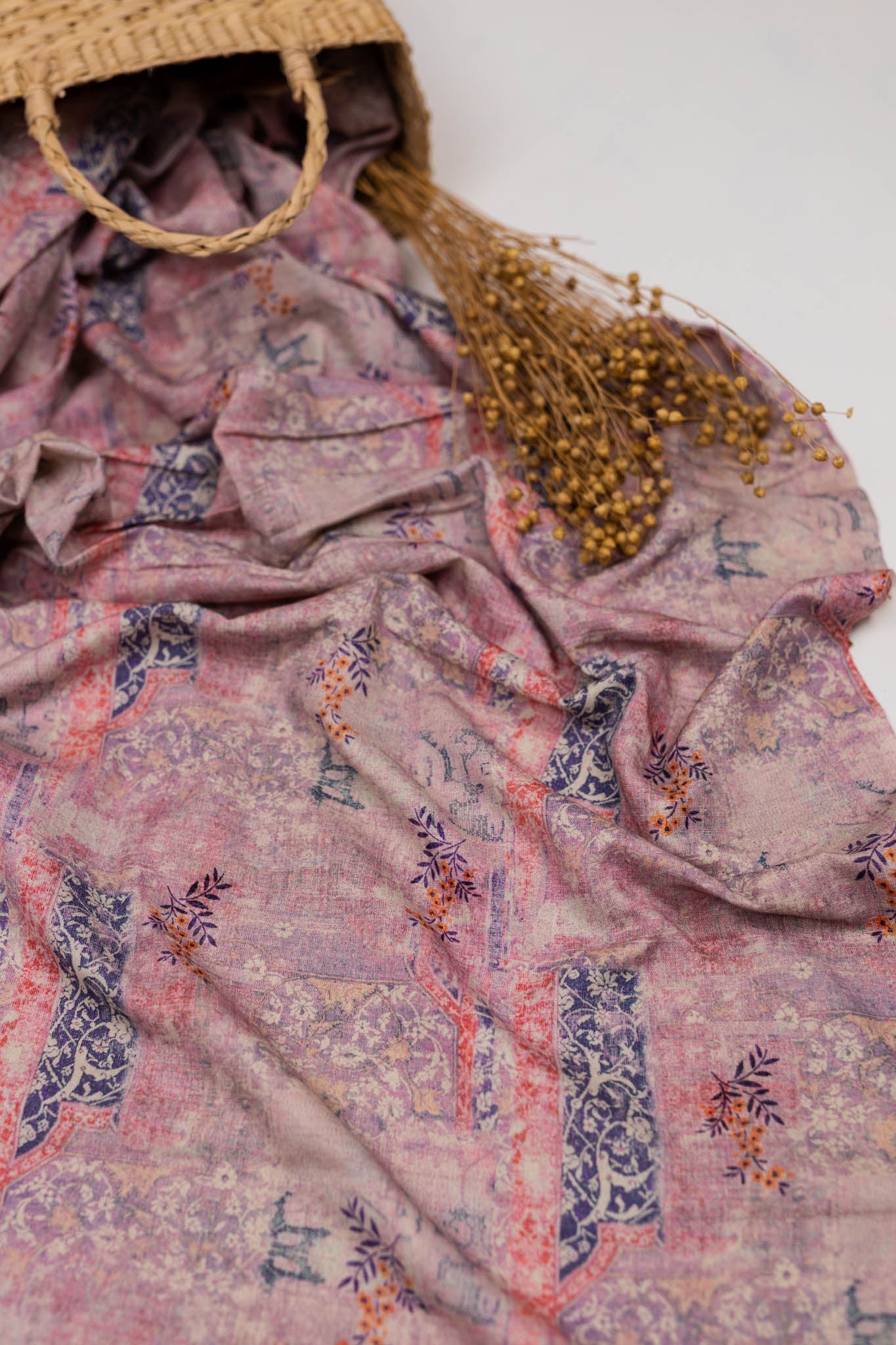 Khadi Cotton Printed Fabric - Floral - Magenta - Vastra Raag