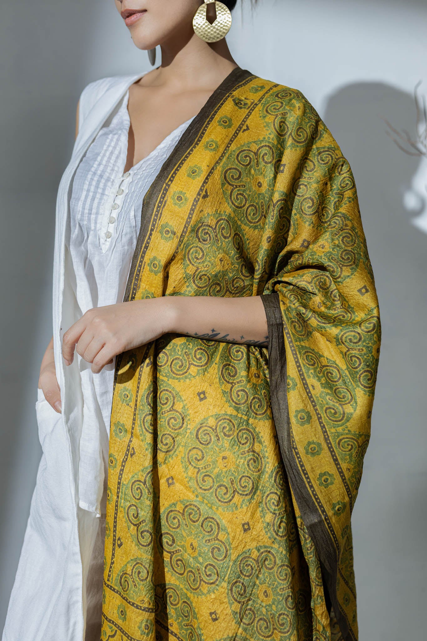Ajrakh Hand Block Printed - Handloom Pure Tussar Silk Stole - Yellow - Vastra Raag