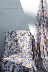 100% Pure European Linen Printed Fabric - Floral - Blue/Indigo/Beige