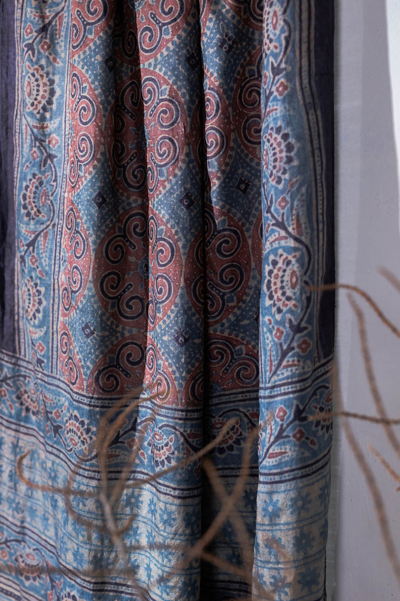 Ajrakh Hand Block Printed - Handloom Pure Tussar Silk Stole - Navy Blue - Vastra Raag