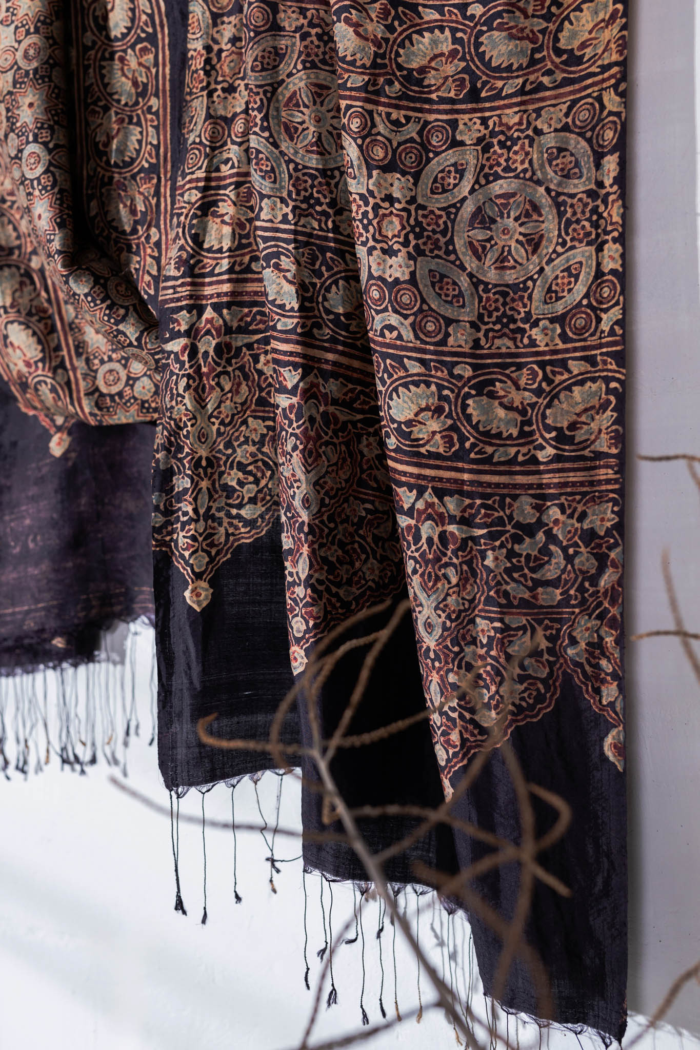 Ajrakh Hand Block Printed - Handloom Pure Mulberry Silk Stole - Black - Vastra Raag