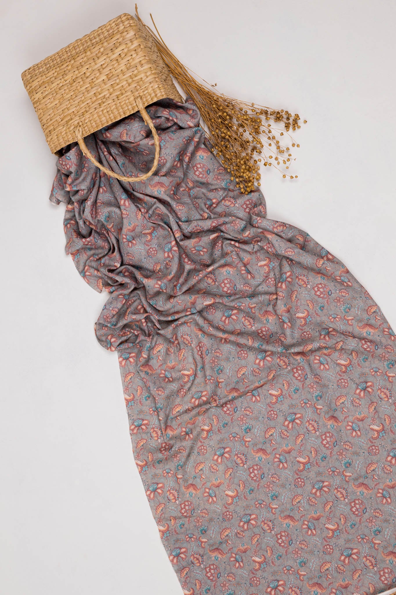 Khadi Cotton Printed Fabric - Floral - Grey - Vastra Raag