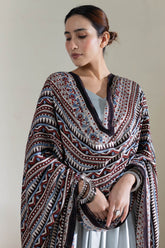 Cream/Maroon/Blue - Modal Silk Ajrakh Hand Block Dupatta