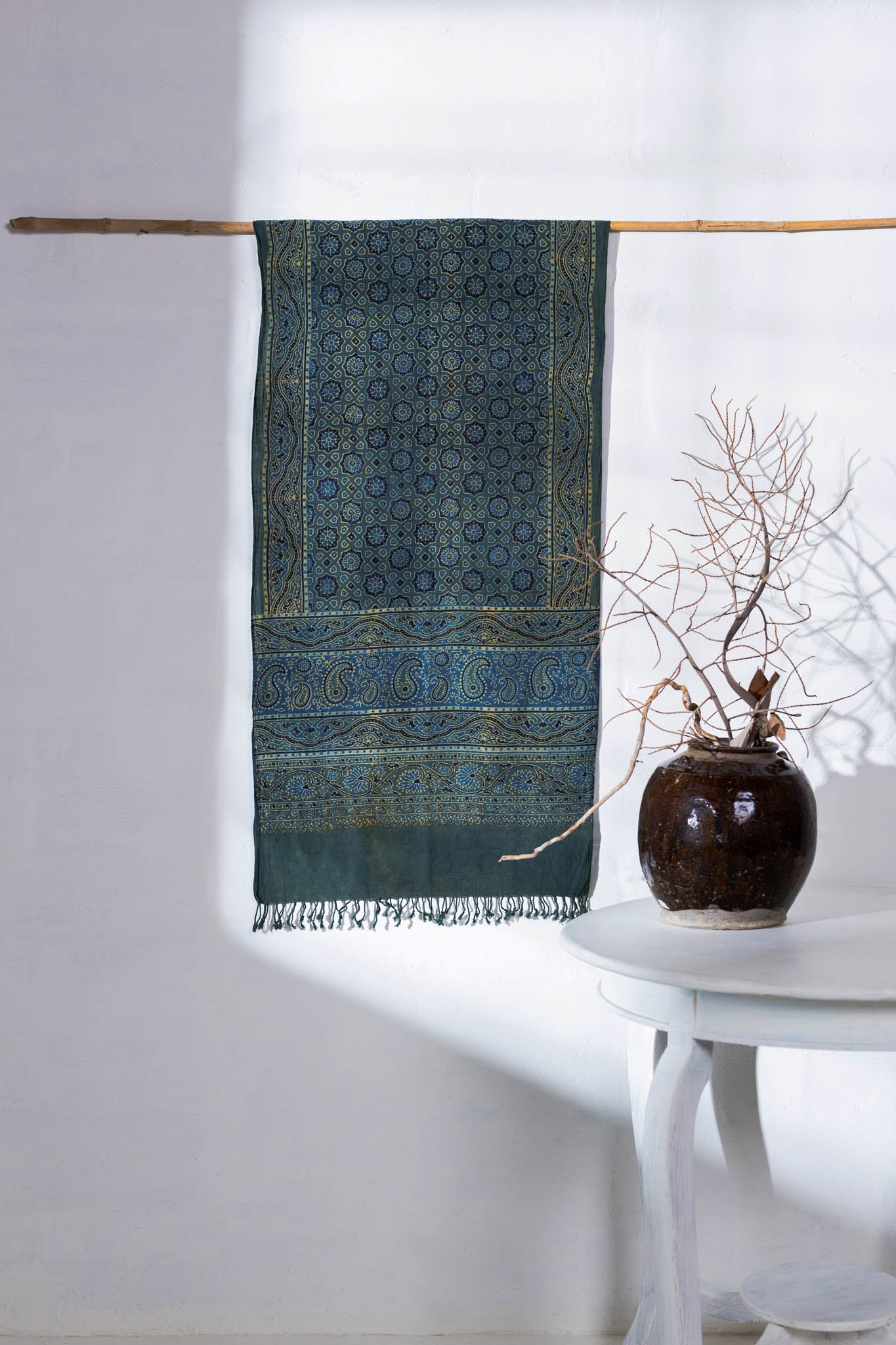 Green - Ajrakh Hand Block Printed - Handloom Cotton Stole - Vastra Raag