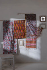 Pure Cotton Ikat Weaved Hand Block Printed 3 PC Suit with Kota Doria Dupatta - Brown - Vastra Raag