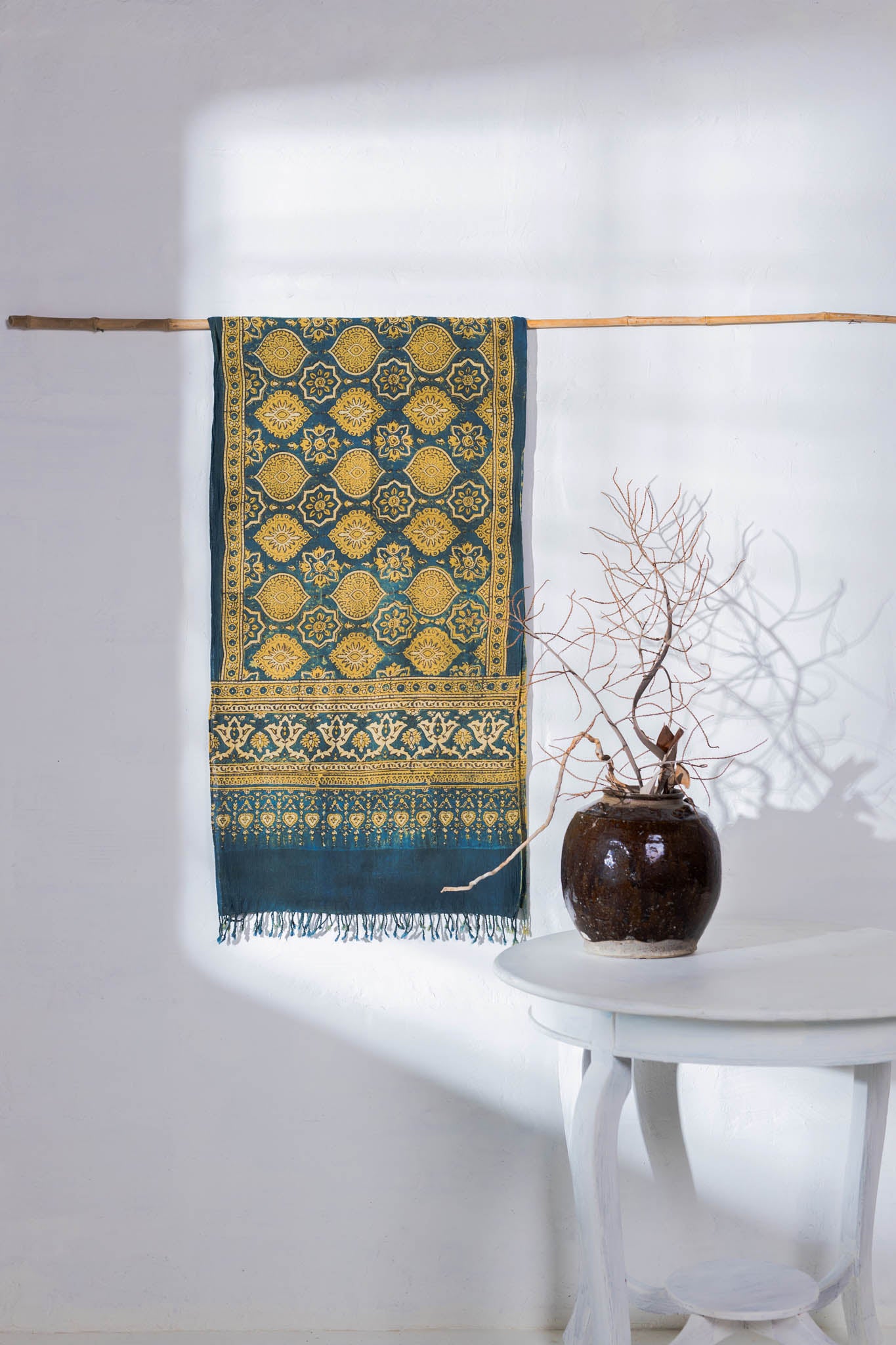 Blue/Yellow - Ajrakh Hand Block Printed - Handloom Cotton Stole - Vastra Raag