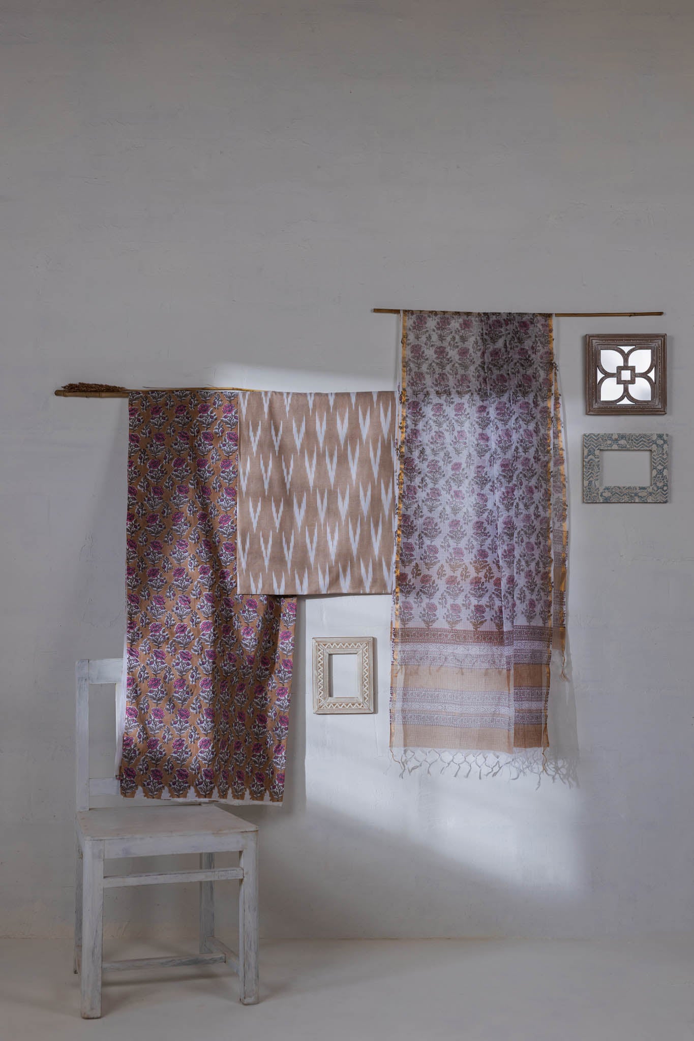 Pure Cotton Ikat Weaved Hand Block Printed 3 PC Suit with Kota Doria Dupatta - Beige - Vastra Raag