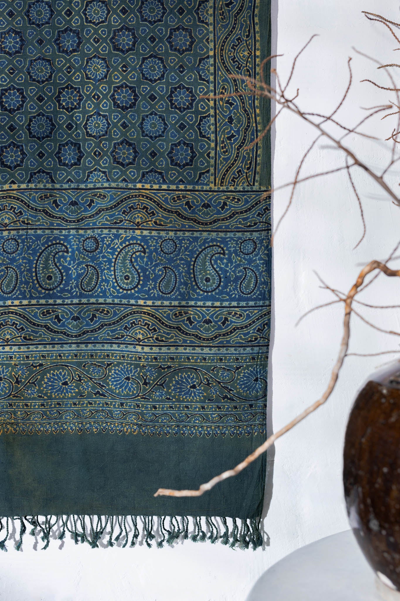 Green - Ajrakh Hand Block Printed - Handloom Cotton Stole - Vastra Raag