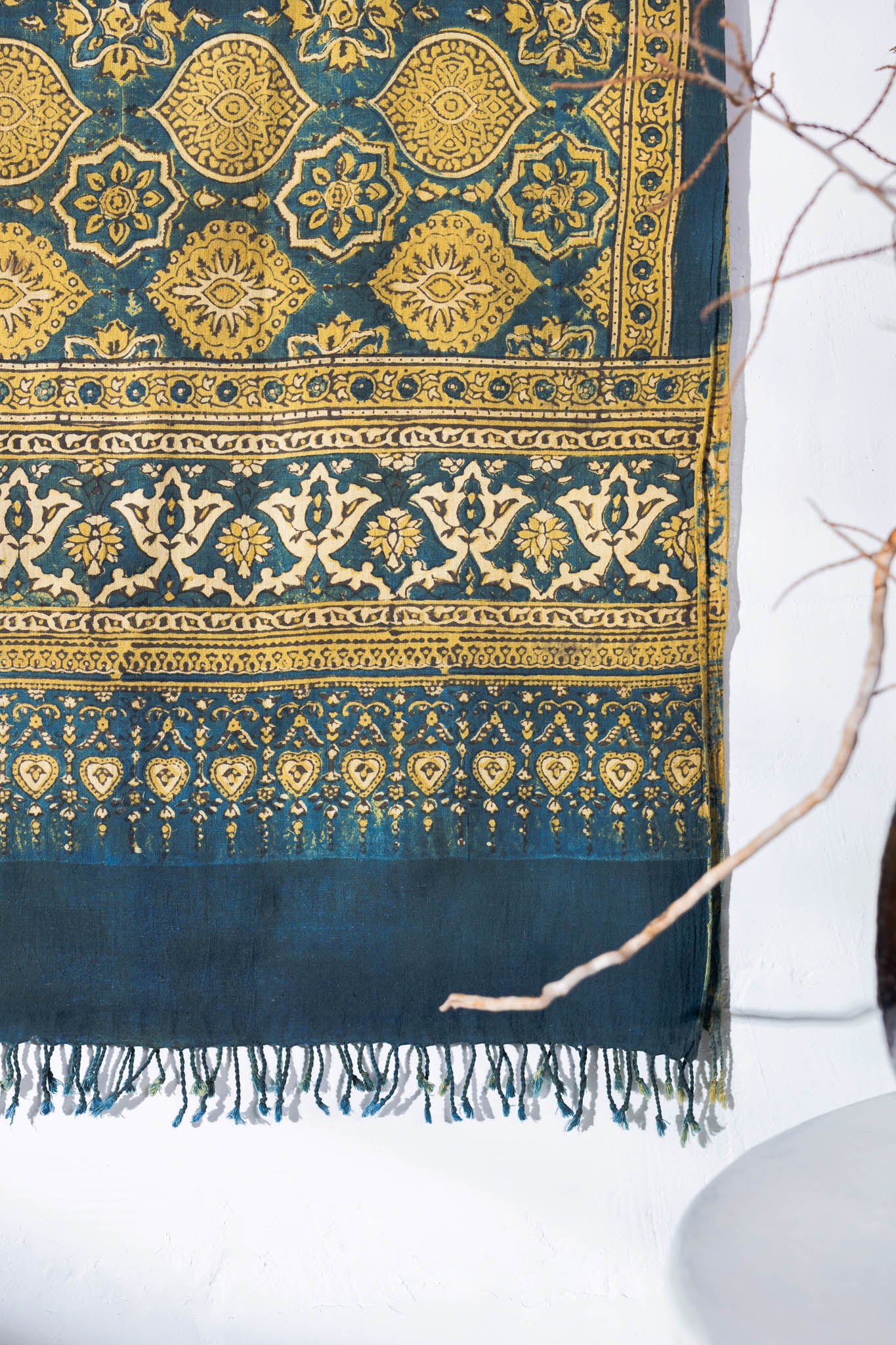 Blue/Yellow - Ajrakh Hand Block Printed - Handloom Cotton Stole - Vastra Raag