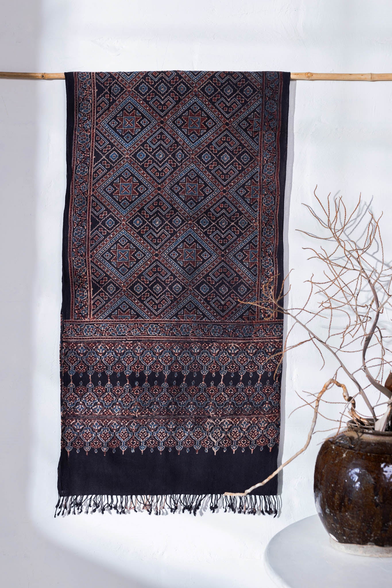 Black - Ajrakh Hand Block Printed - Handloom Cotton Stole - Vastra Raag