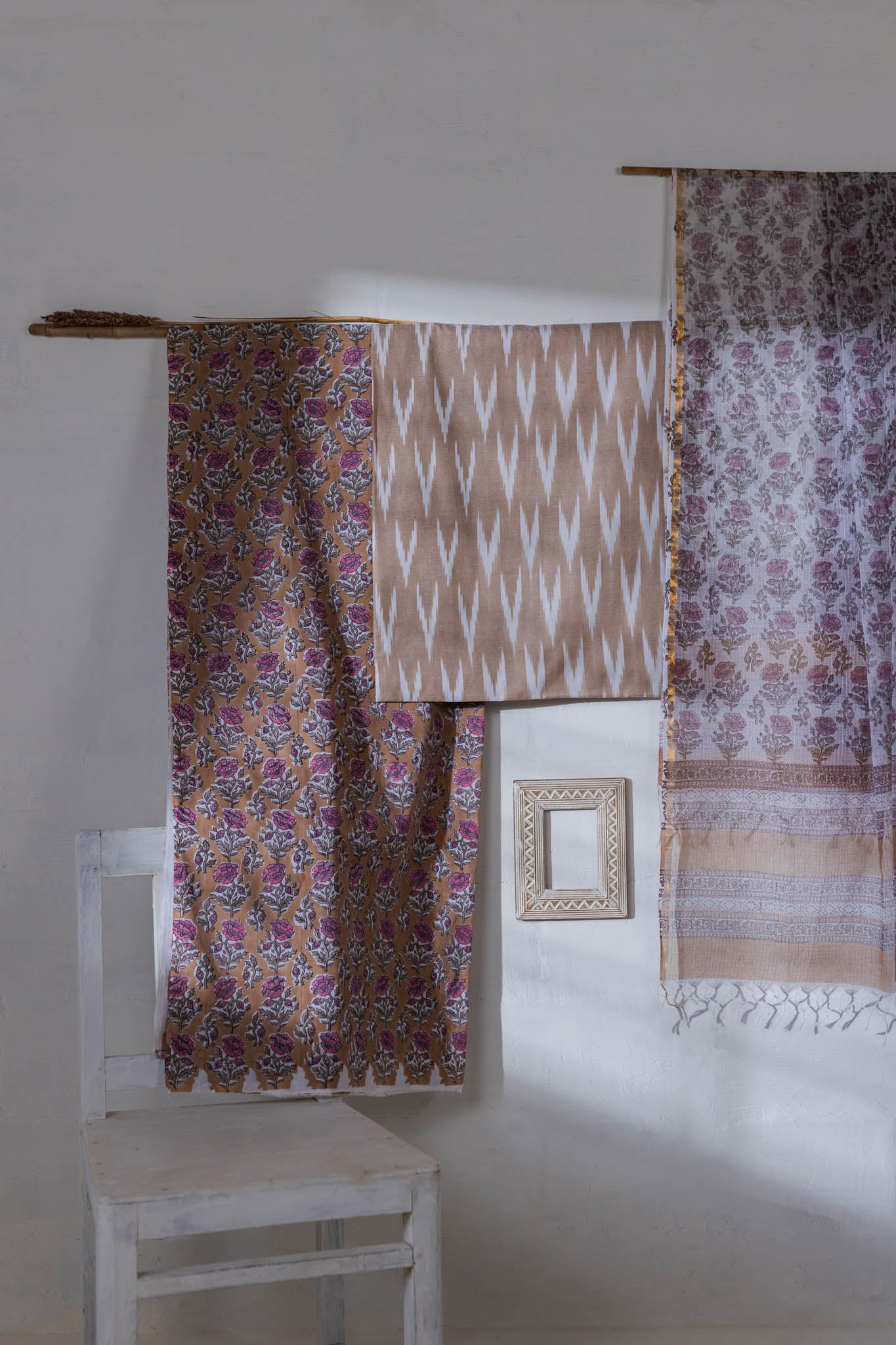 Pure Cotton Ikat Weaved Hand Block Printed 3 PC Suit with Kota Doria Dupatta - Beige - Vastra Raag