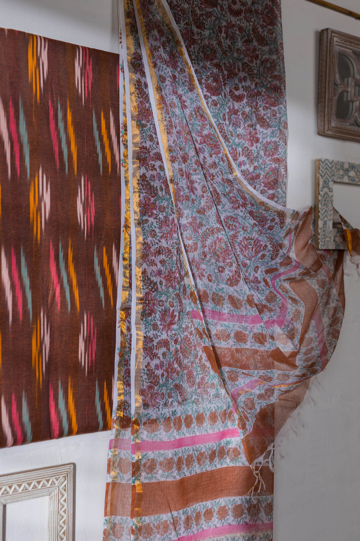 Pure Cotton Ikat Weaved Hand Block Printed 3 PC Suit with Kota Doria Dupatta - Brown - Vastra Raag