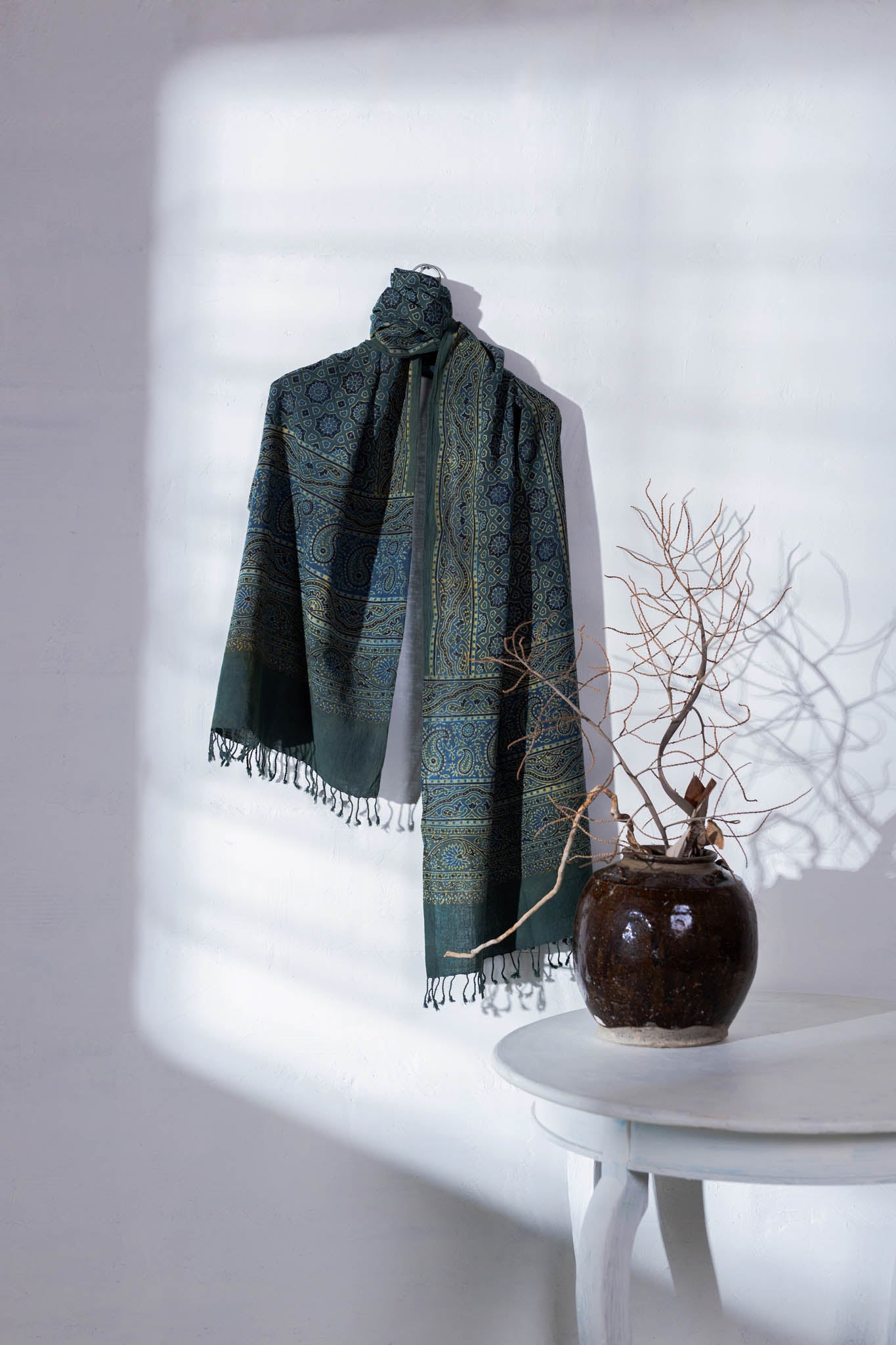 Green - Ajrakh Hand Block Printed - Handloom Cotton Stole - Vastra Raag