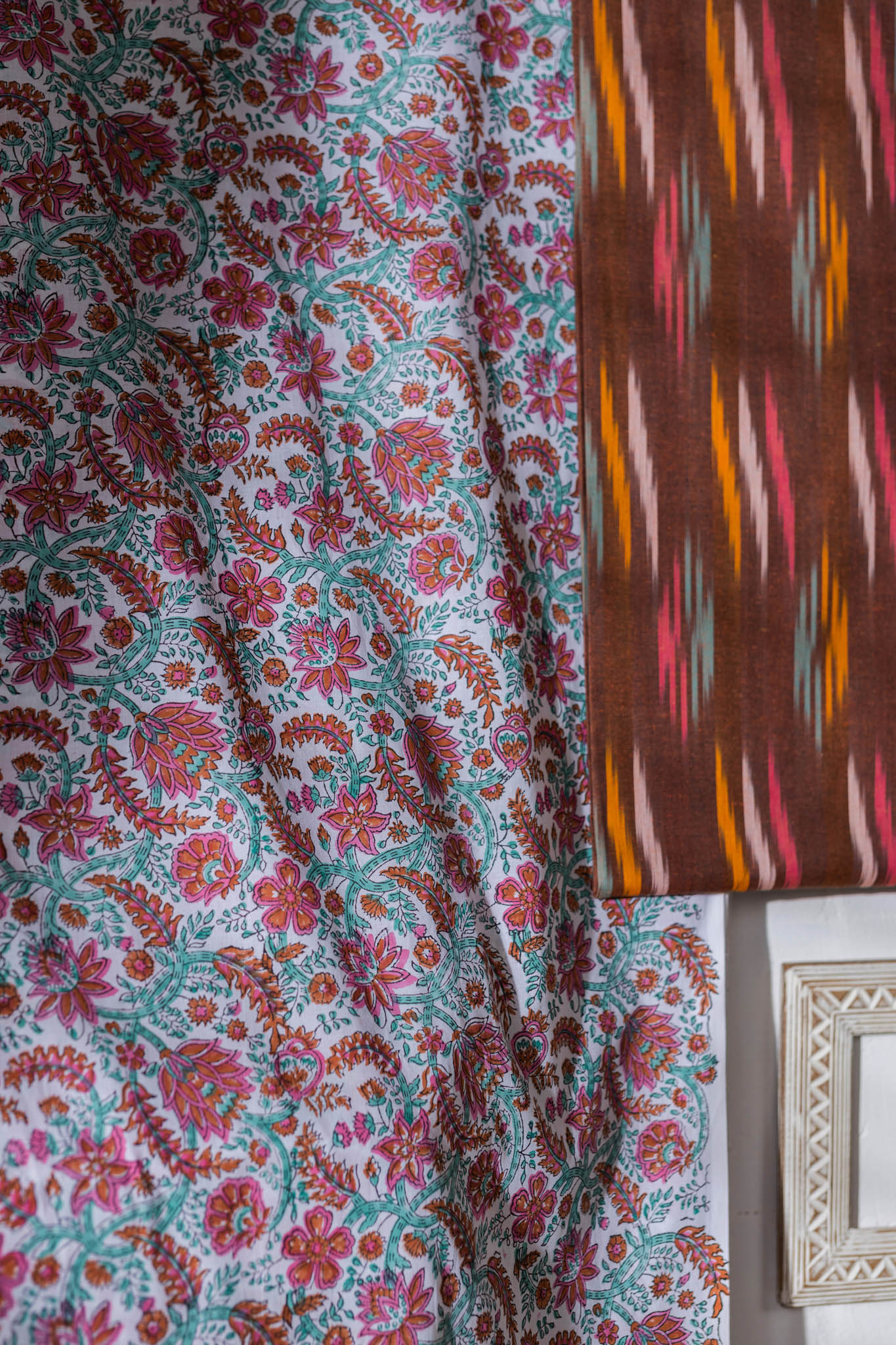 Pure Cotton Ikat Weaved Hand Block Printed 3 PC Suit with Kota Doria Dupatta - Brown - Vastra Raag