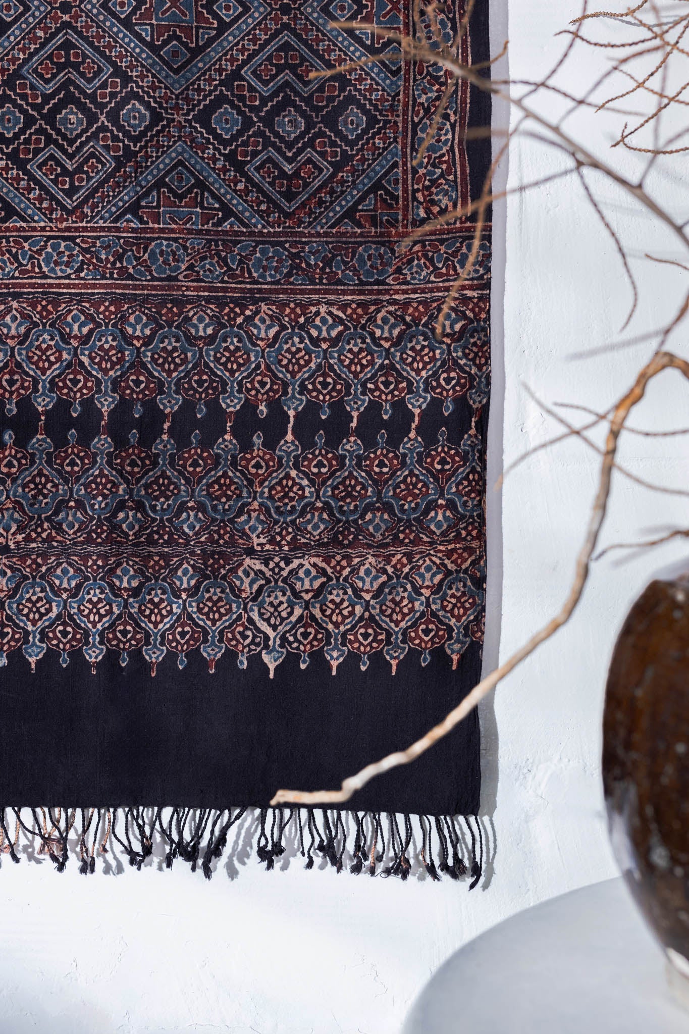 Black - Ajrakh Hand Block Printed - Handloom Cotton Stole - Vastra Raag