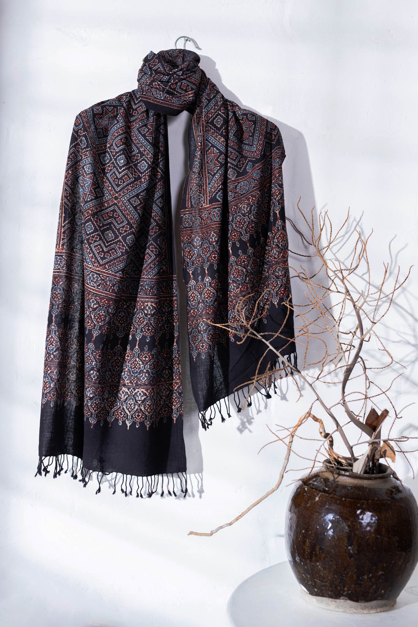Black - Ajrakh Hand Block Printed - Handloom Cotton Stole - Vastra Raag