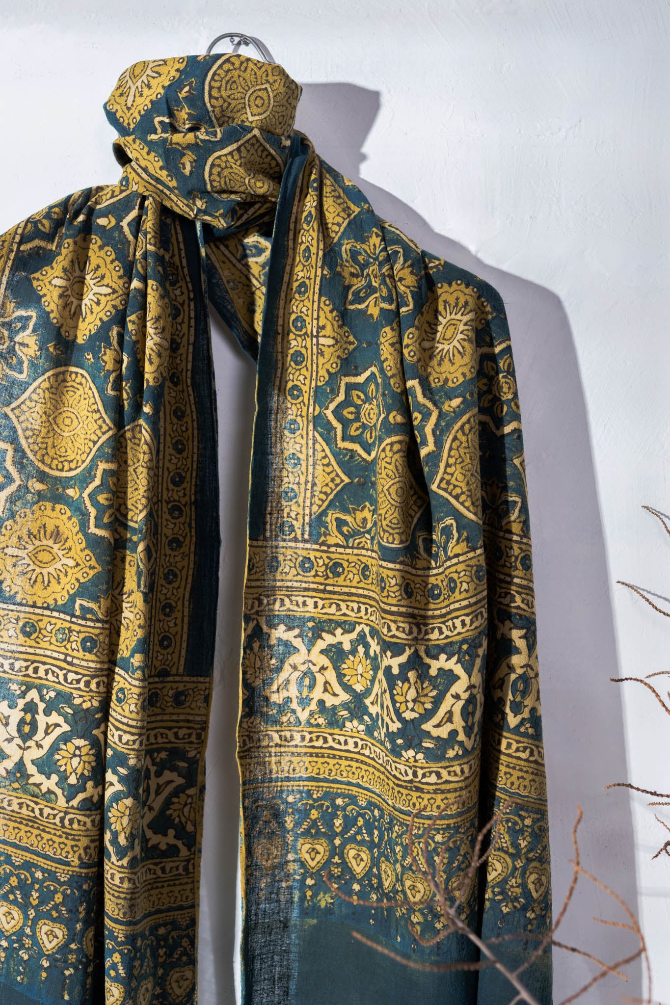Blue/Yellow - Ajrakh Hand Block Printed - Handloom Cotton Stole - Vastra Raag