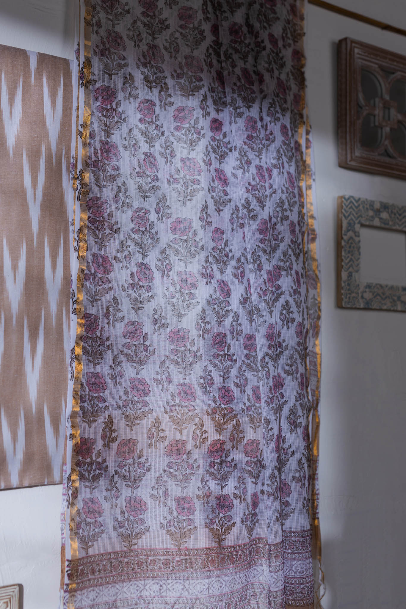 Pure Cotton Ikat Weaved Hand Block Printed 3 PC Suit with Kota Doria Dupatta - Beige - Vastra Raag