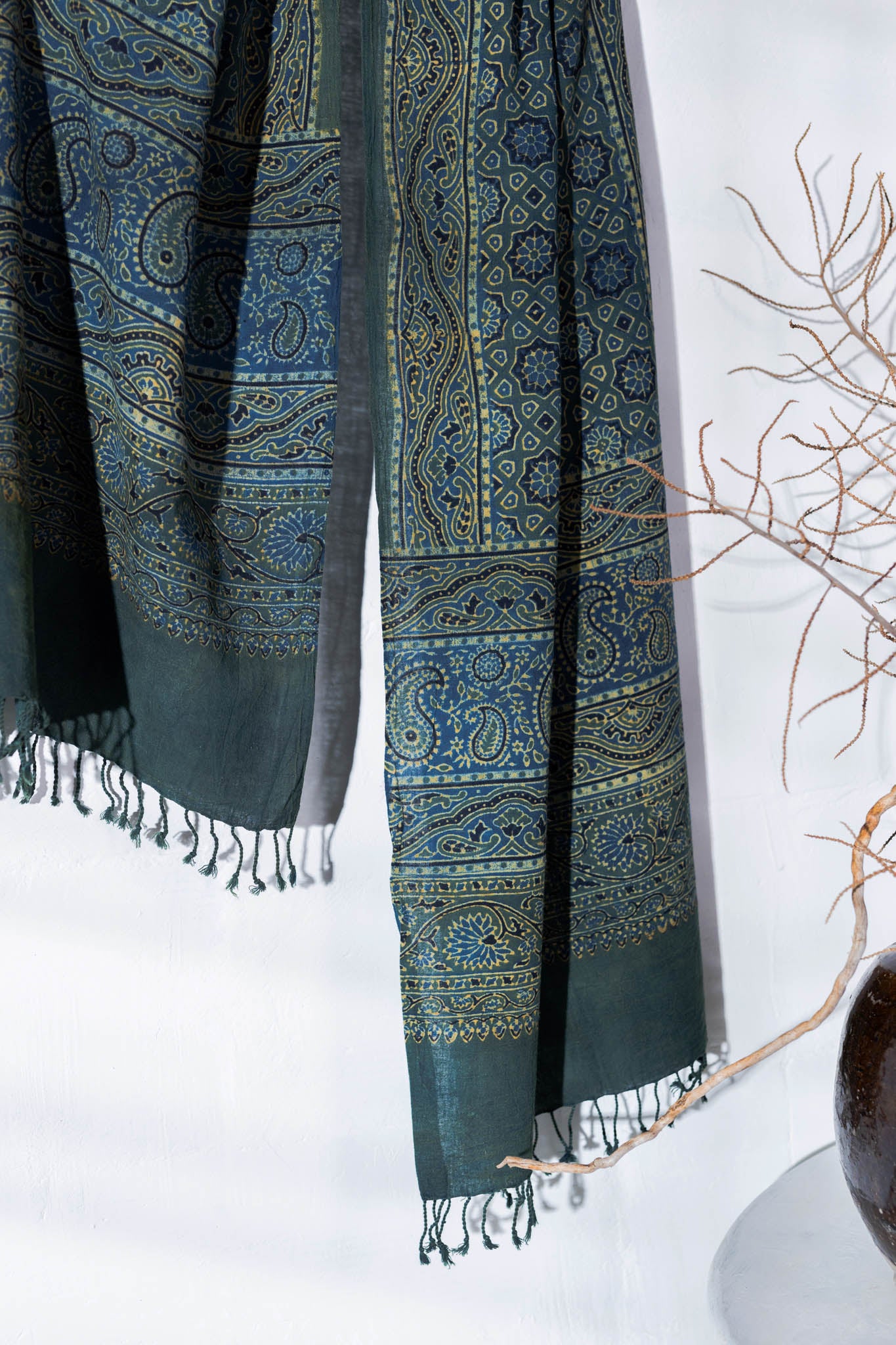 Green - Ajrakh Hand Block Printed - Handloom Cotton Stole - Vastra Raag