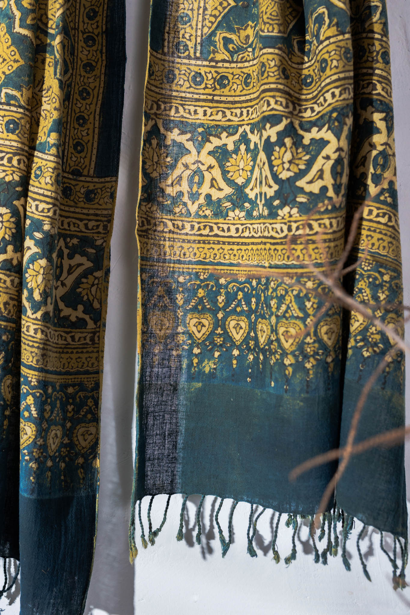 Blue/Yellow - Ajrakh Hand Block Printed - Handloom Cotton Stole - Vastra Raag