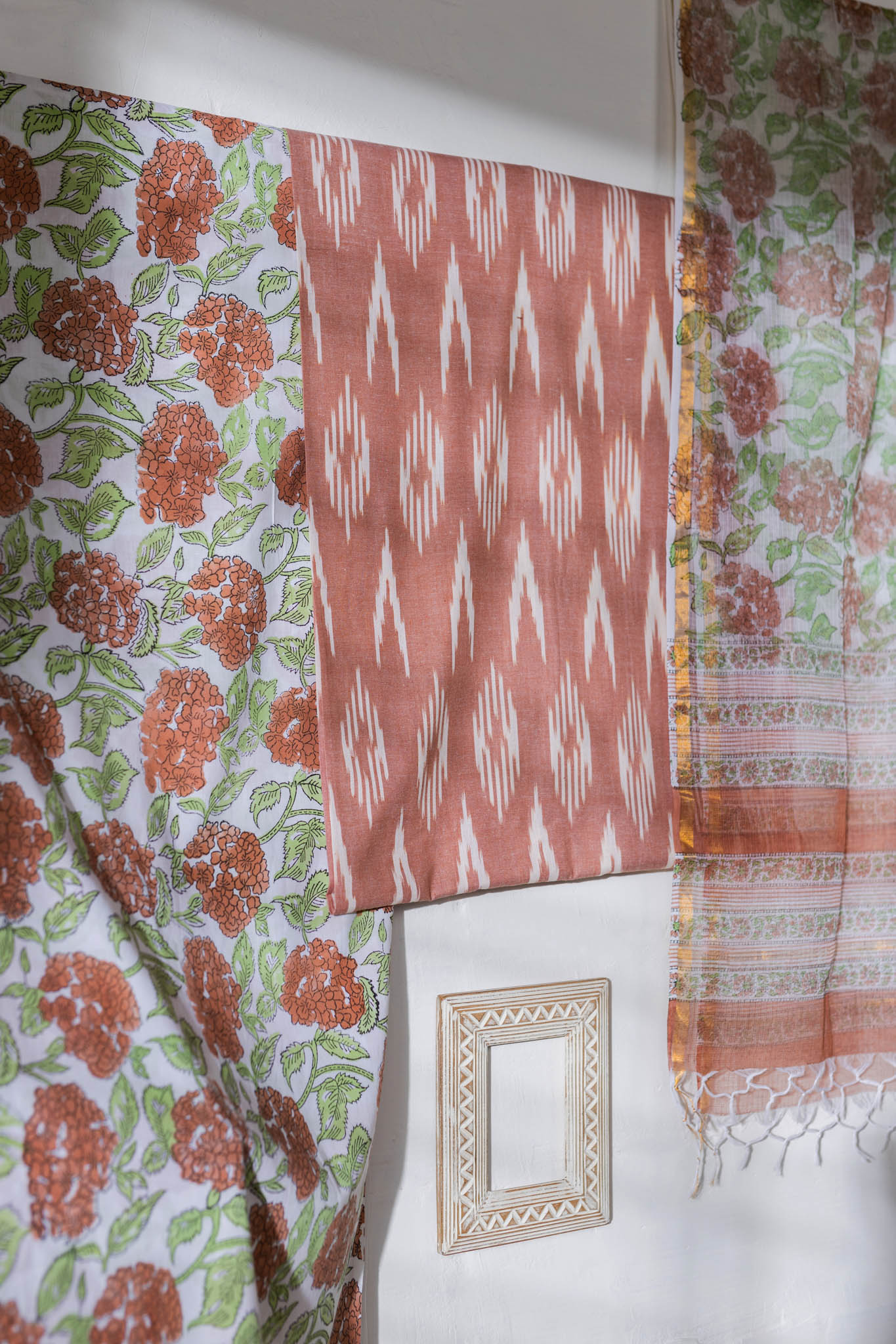 Pure Cotton Ikat Weaved Hand Block Printed 3 PC Suit with Kota Doria Dupatta - Peach - Vastra Raag