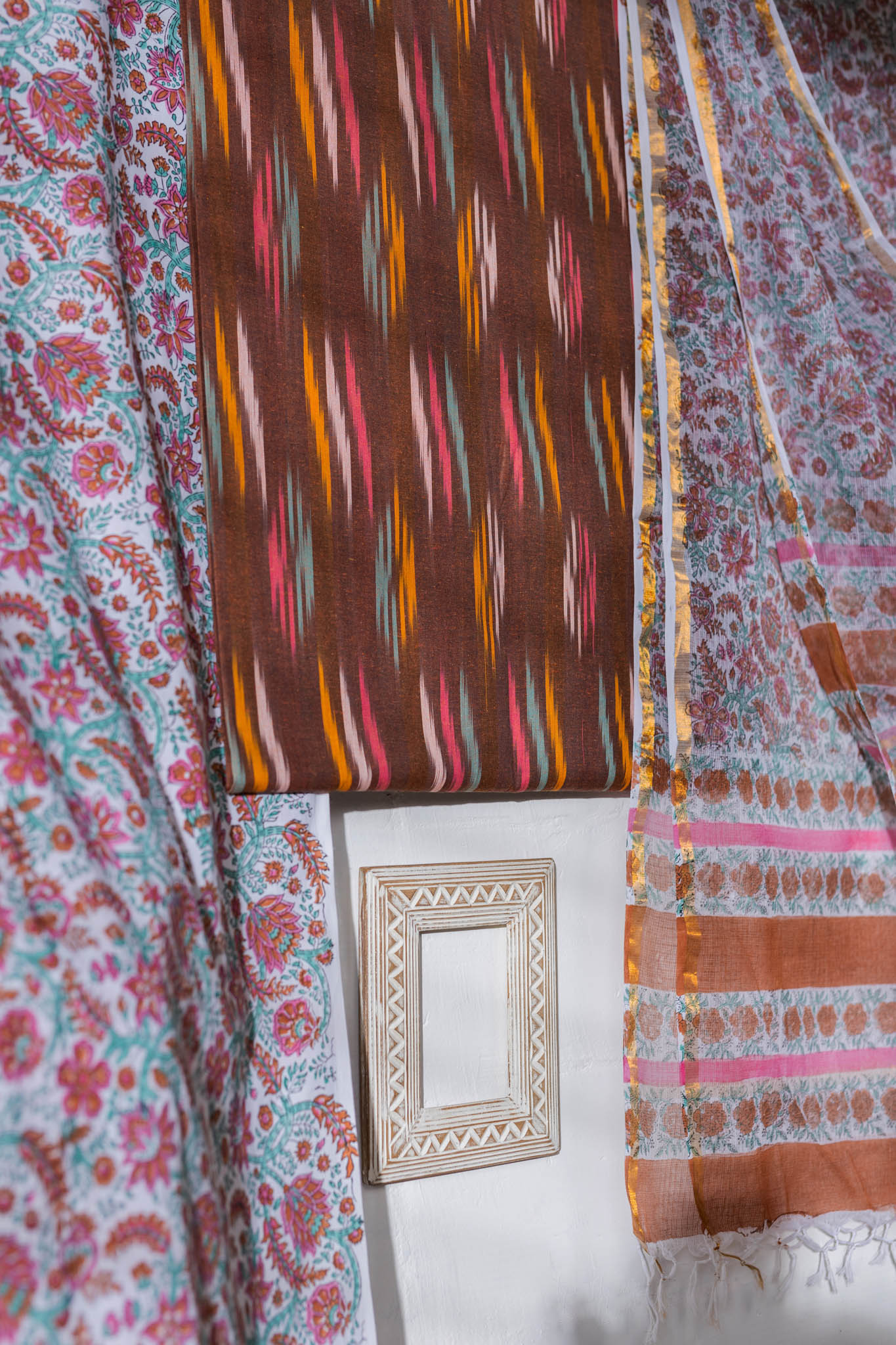 Pure Cotton Ikat Weaved Hand Block Printed 3 PC Suit with Kota Doria Dupatta - Brown - Vastra Raag