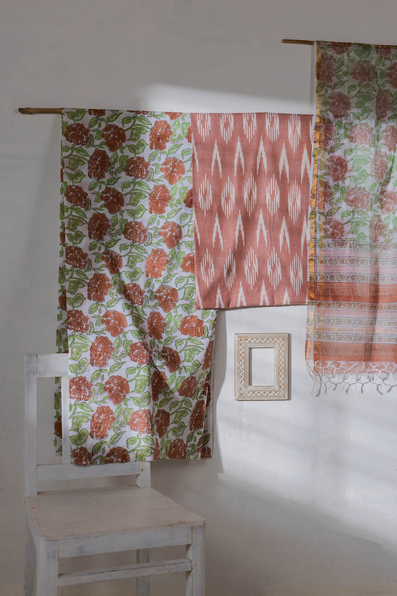 Pure Cotton Ikat Weaved Hand Block Printed 3 PC Suit with Kota Doria Dupatta - Peach - Vastra Raag