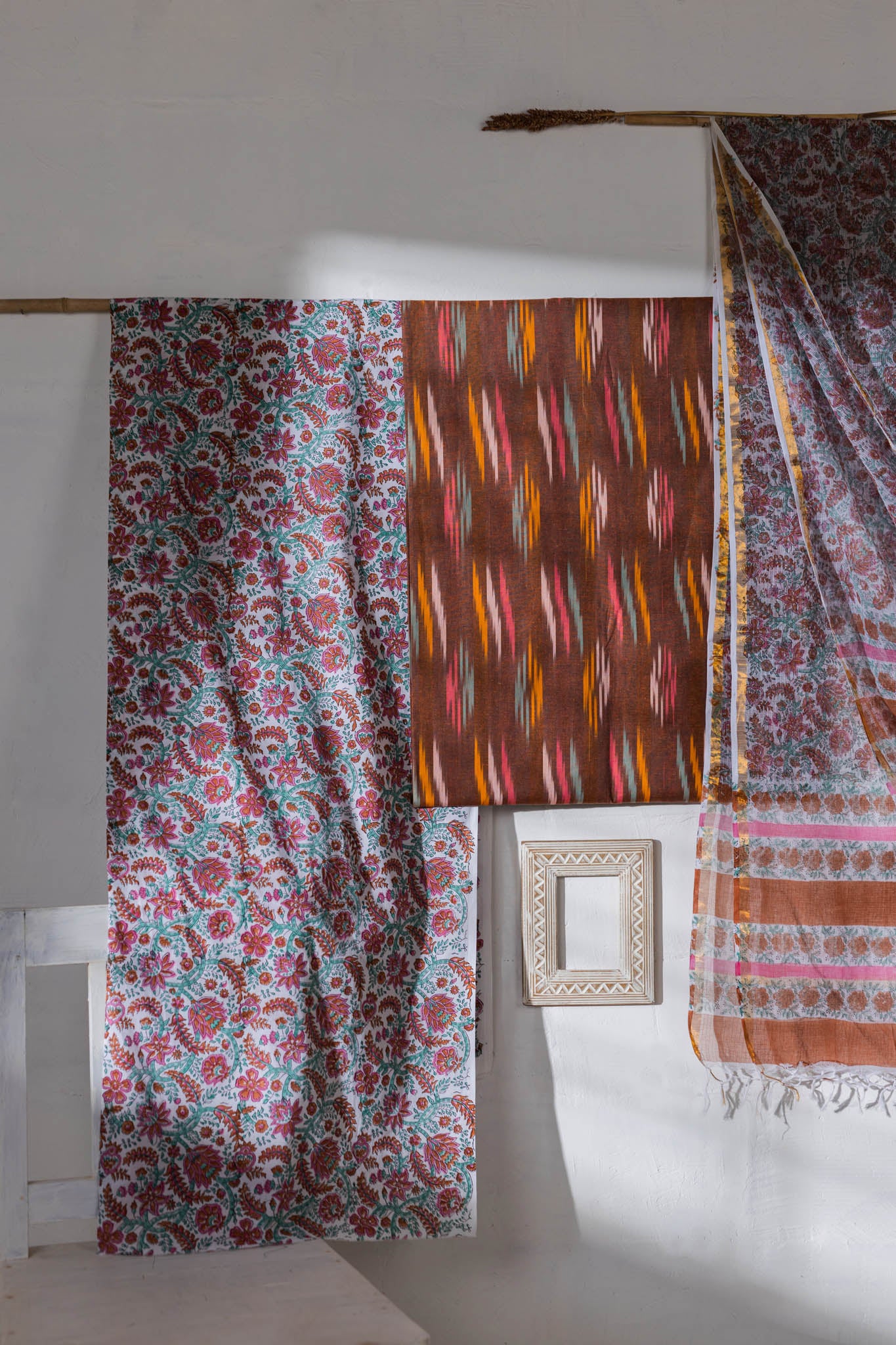 Pure Cotton Ikat Weaved Hand Block Printed 3 PC Suit with Kota Doria Dupatta - Brown - Vastra Raag