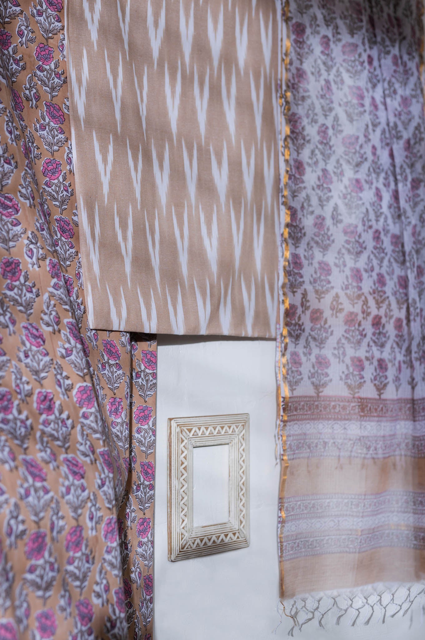 Pure Cotton Ikat Weaved Hand Block Printed 3 PC Suit with Kota Doria Dupatta - Beige - Vastra Raag