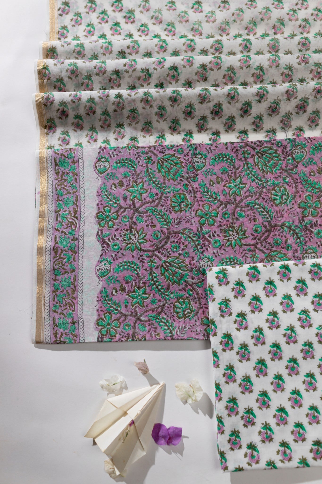 Pure Chanderi Silk Hand Block Printed 3 PC Suit - Pink/Green - Vastra Raag