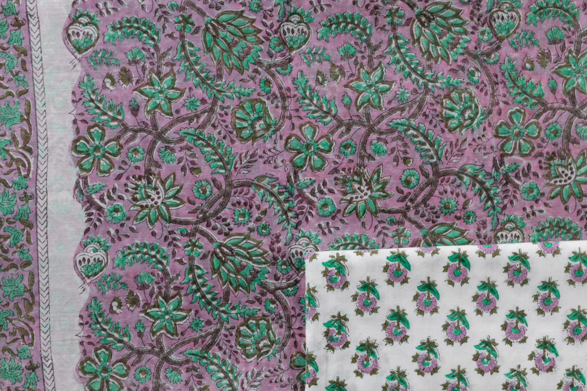 Pure Chanderi Silk Hand Block Printed 3 PC Suit - Pink/Green - Vastra Raag