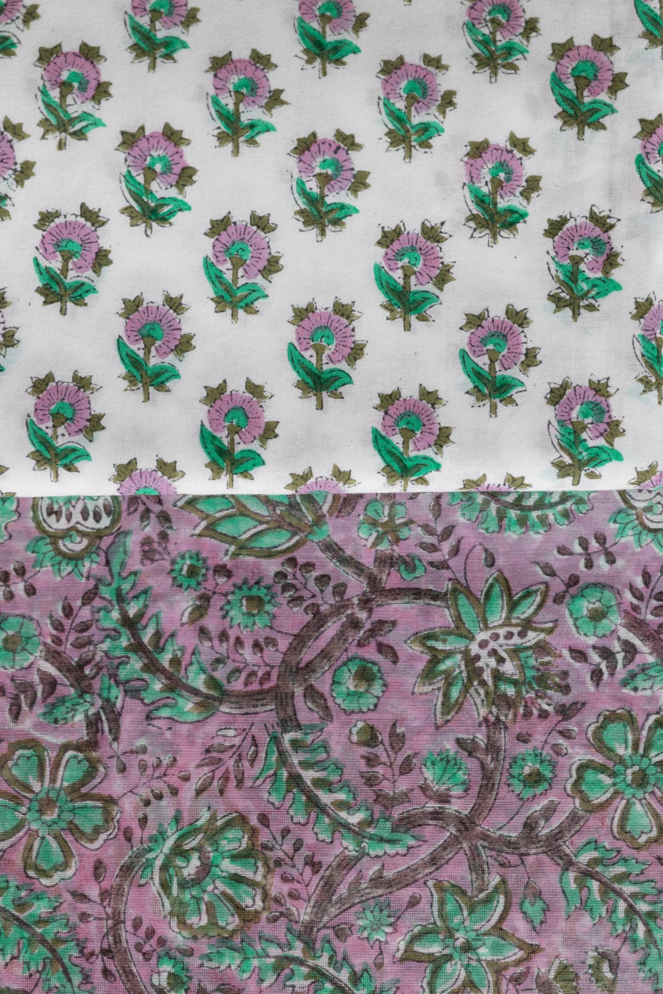 Pure Chanderi Silk Hand Block Printed 3 PC Suit - Pink/Green - Vastra Raag