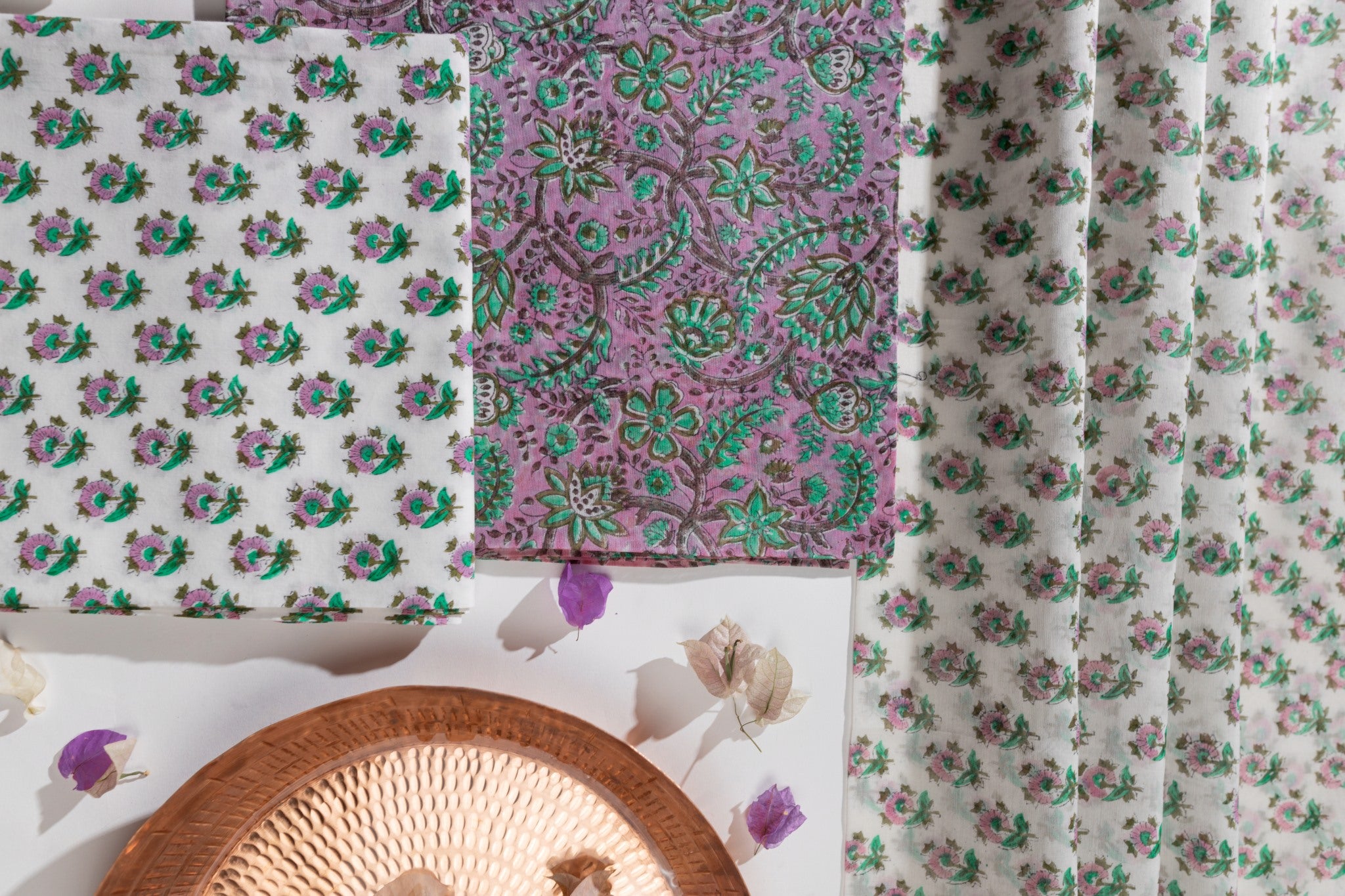 Pure Chanderi Silk Hand Block Printed 3 PC Suit - Pink/Green - Vastra Raag