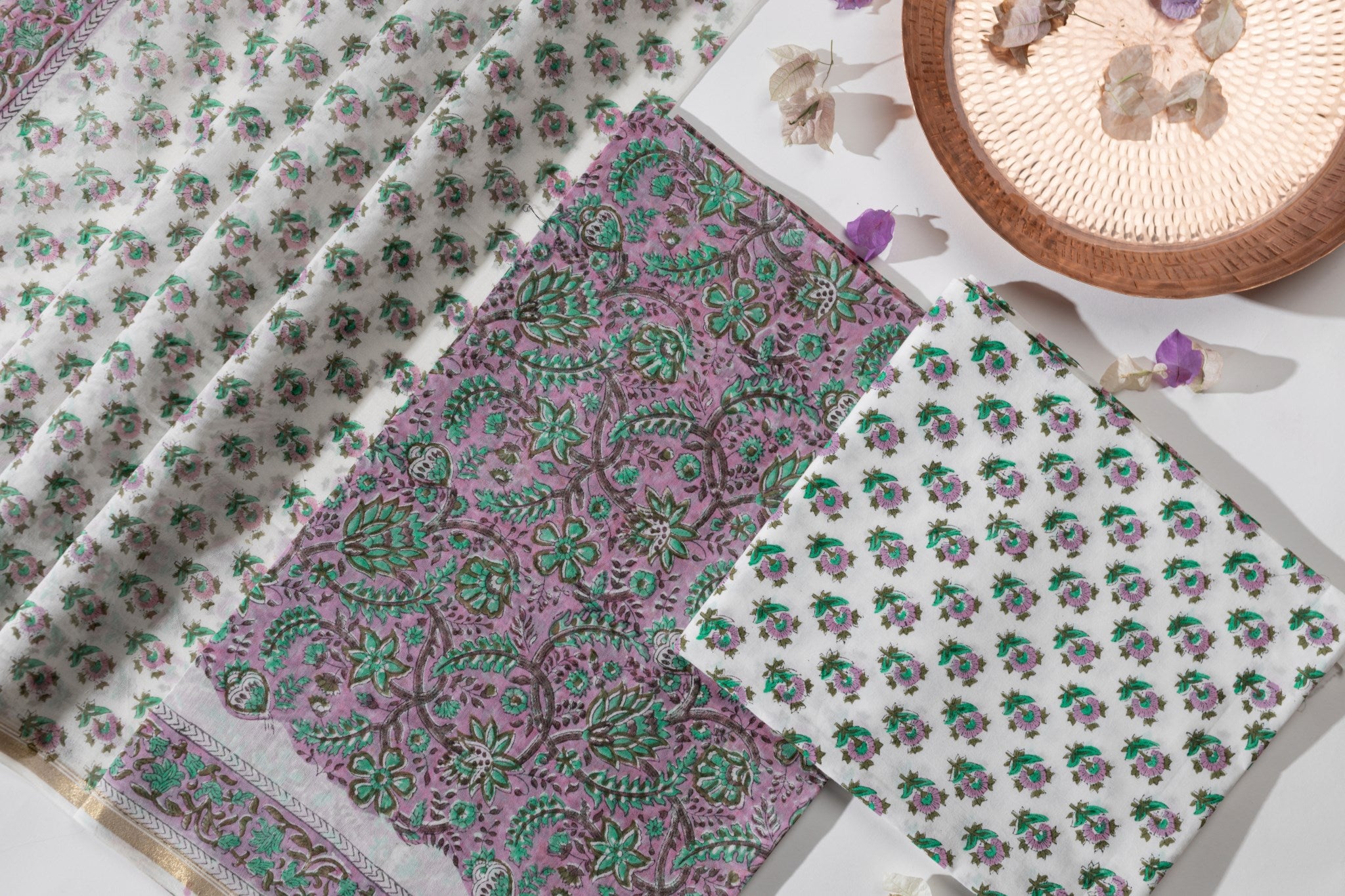 Pure Chanderi Silk Hand Block Printed 3 PC Suit - Pink/Green - Vastra Raag