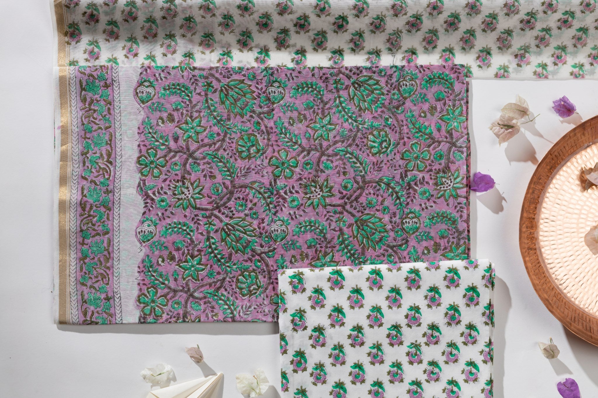 Pure Chanderi Silk Hand Block Printed 3 PC Suit - Pink/Green - Vastra Raag