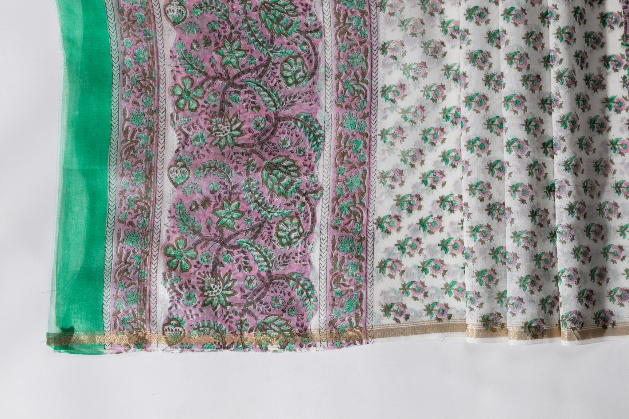 Pure Chanderi Silk Hand Block Printed 3 PC Suit - Pink/Green - Vastra Raag