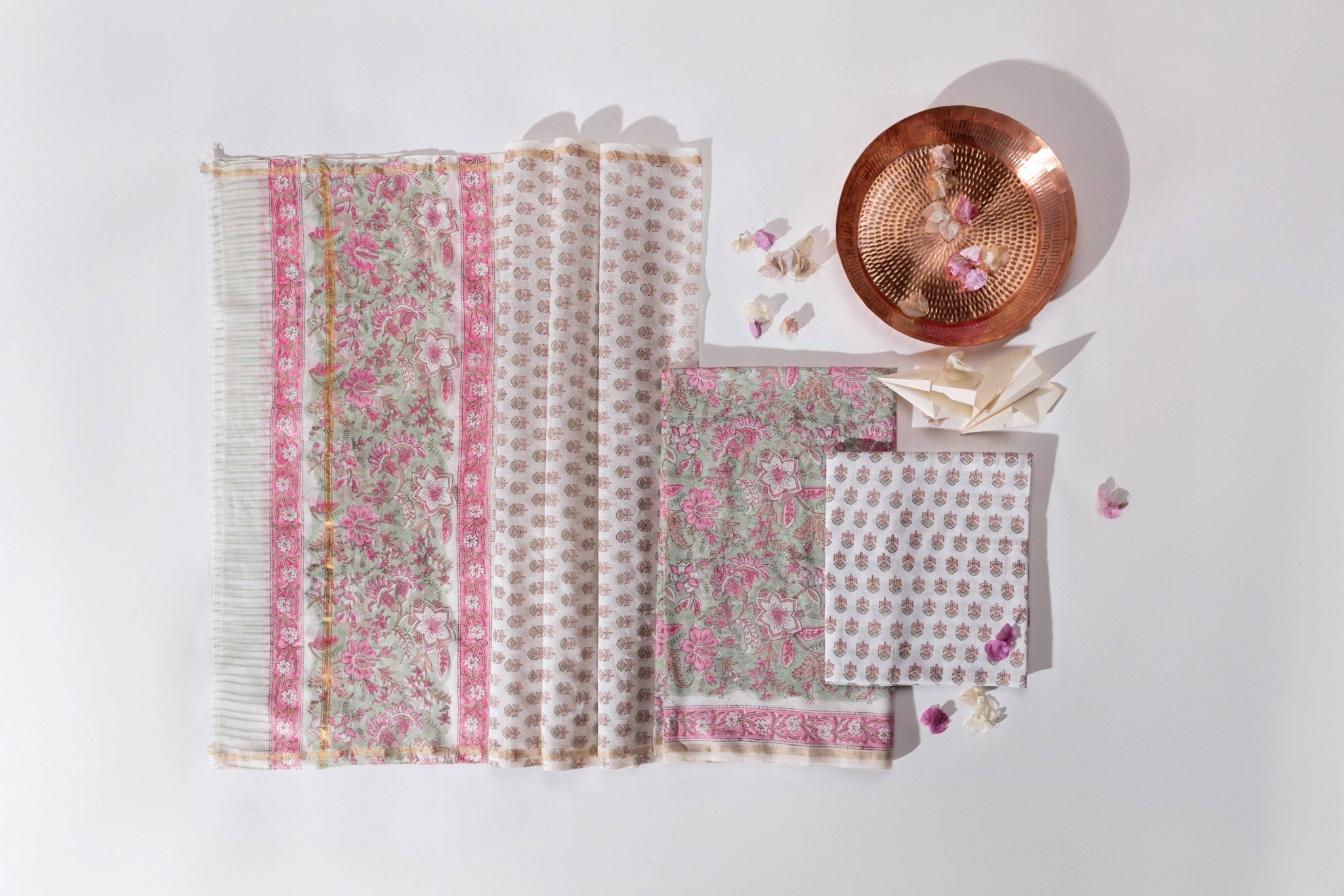 Pure Chanderi Silk Hand Block Printed 3 PC Suit - Green/Pink - Vastra Raag