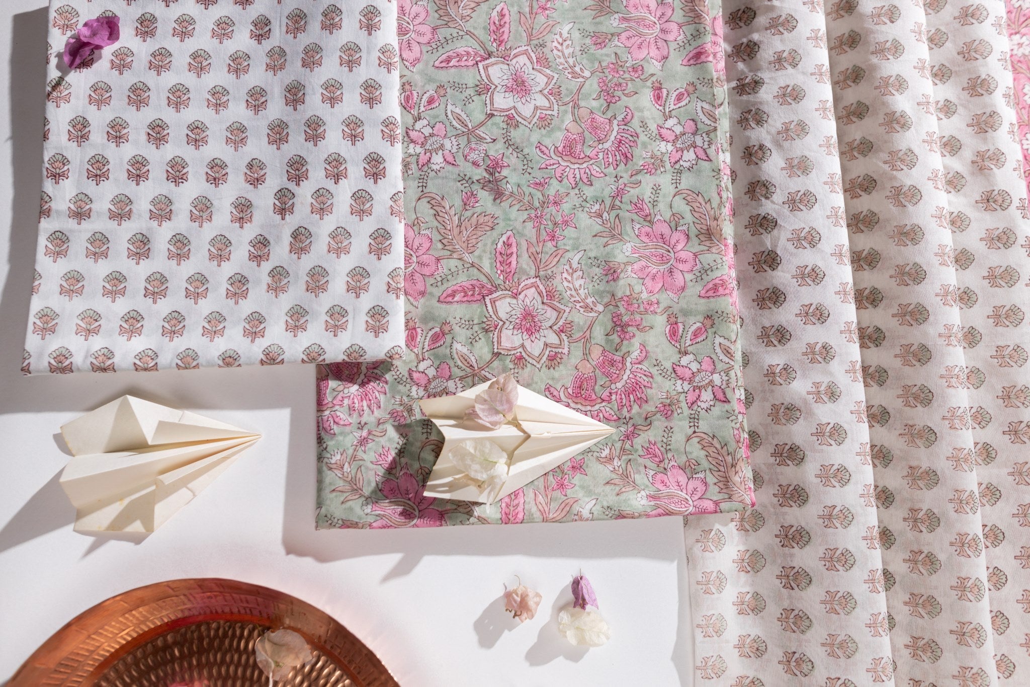 Pure Chanderi Silk Hand Block Printed 3 PC Suit - Green/Pink - Vastra Raag