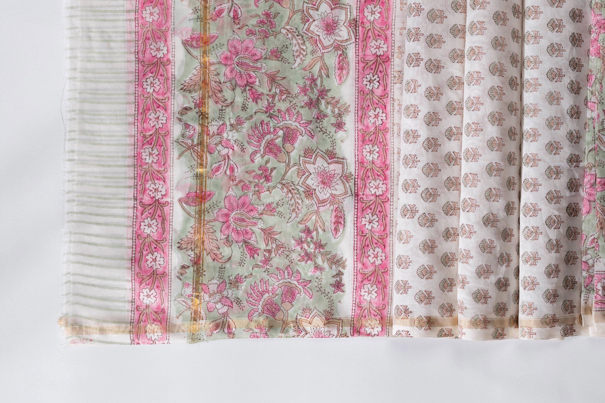 Pure Chanderi Silk Hand Block Printed 3 PC Suit - Green/Pink - Vastra Raag