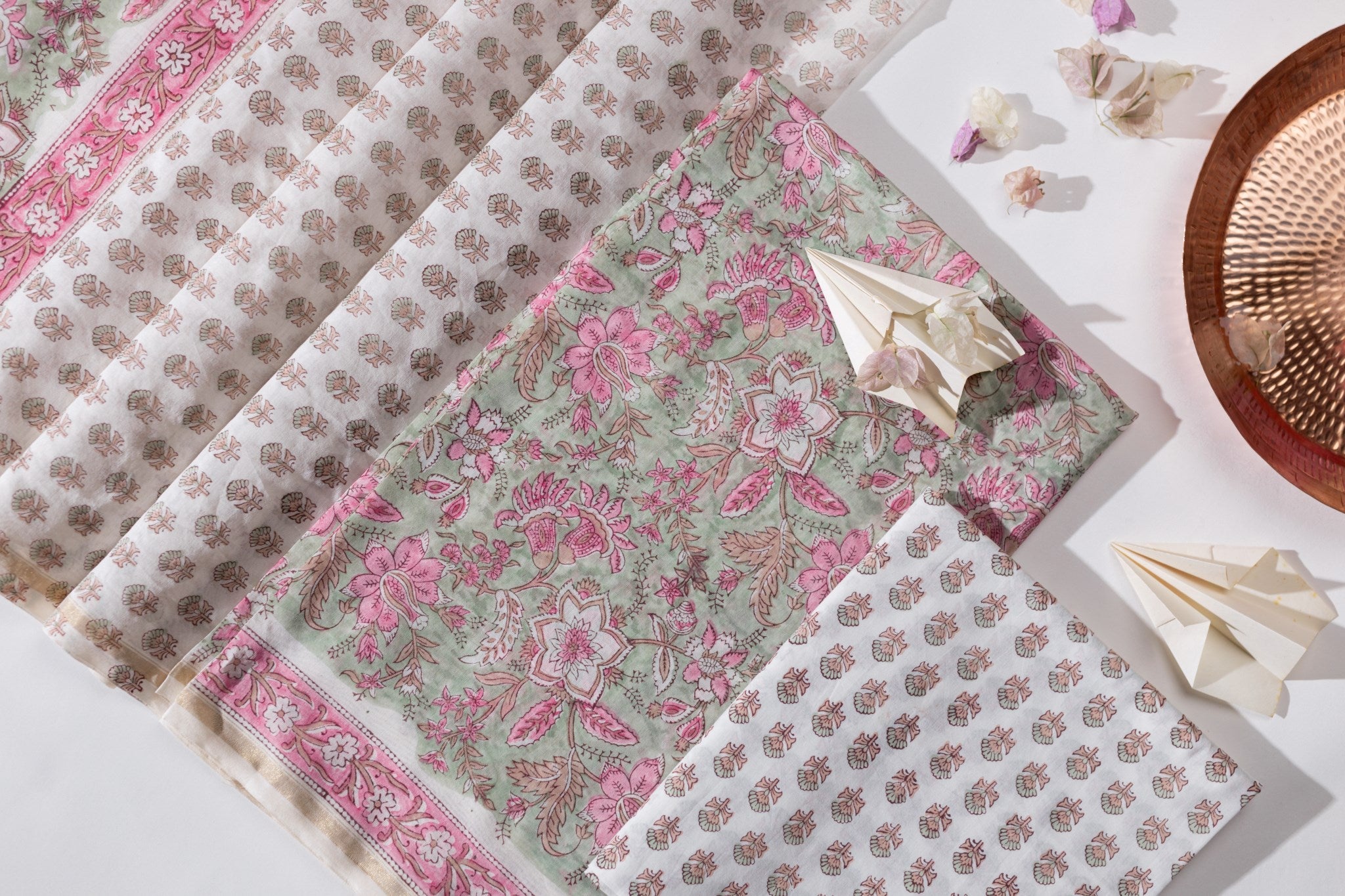 Pure Chanderi Silk Hand Block Printed 3 PC Suit - Green/Pink - Vastra Raag