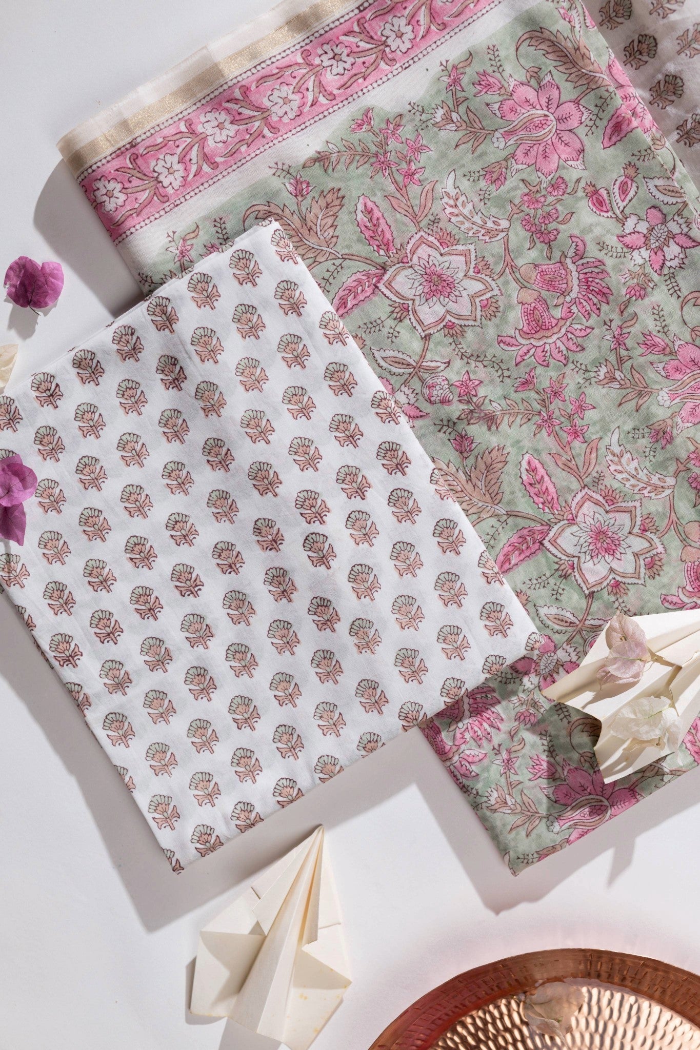 Pure Chanderi Silk Hand Block Printed 3 PC Suit - Green/Pink - Vastra Raag