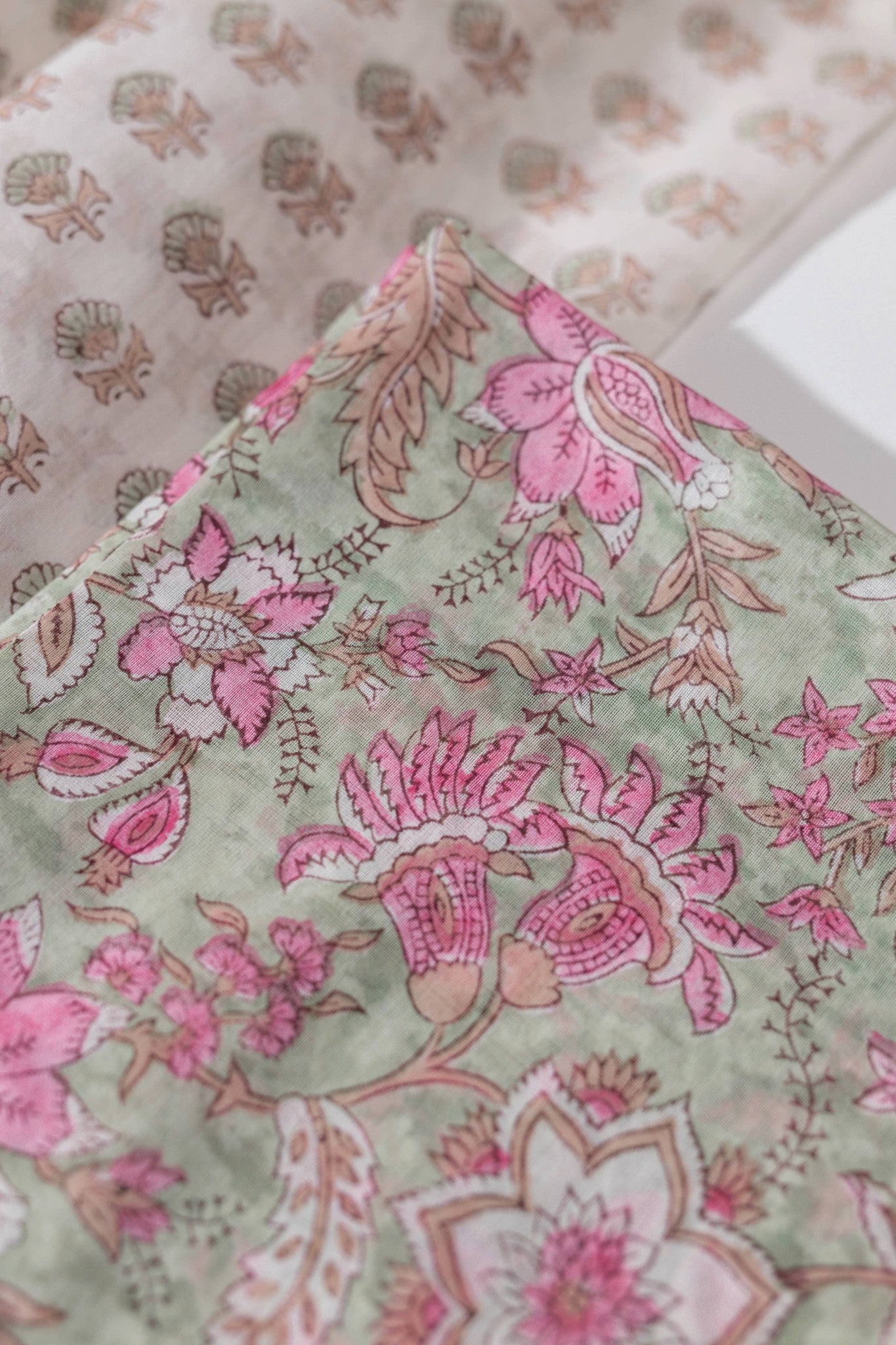 Pure Chanderi Silk Hand Block Printed 3 PC Suit - Green/Pink - Vastra Raag