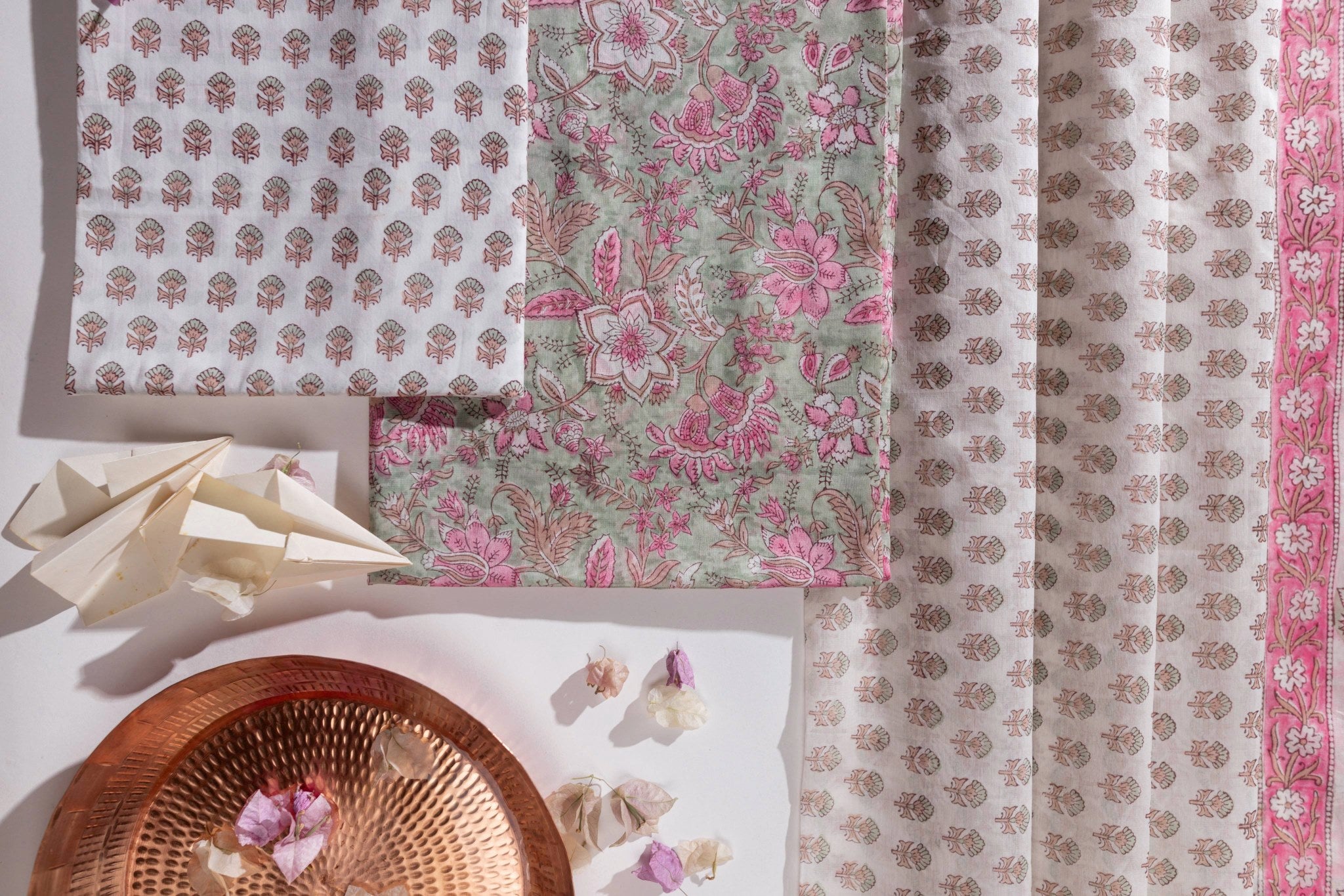 Pure Chanderi Silk Hand Block Printed 3 PC Suit - Green/Pink - Vastra Raag