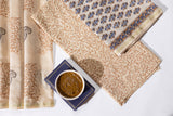 Pure Chanderi Silk Hand Block Printed 3 PC Suit - Sandy Brown/Blue
